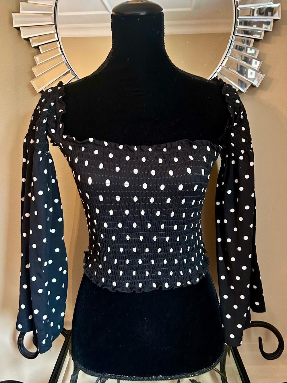 Revamped Polka Dot Off-Shoulder Top with Bell Sleeves - Picture 5 of 6